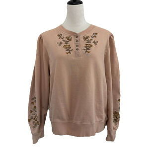 Driftwood Henley Top Women 1X Brown French Terry Embroidered Relaxed Sweatshirt
